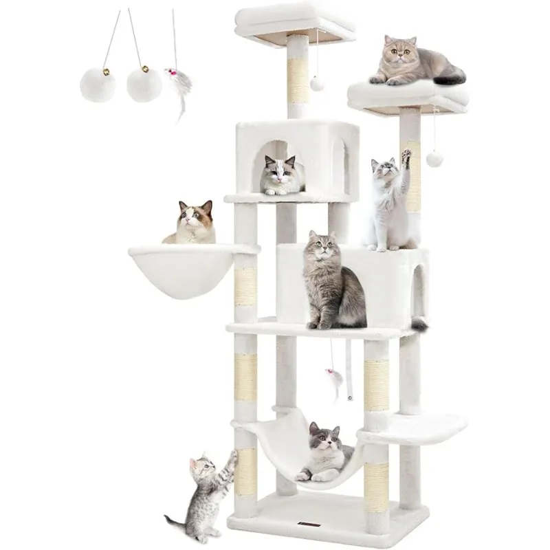 

Taoqimiao Cat Tree, 66.2-Inch Cat Tower for Indoor Cats, Plush Multi-Level Cat Condo with 12 Scratching Posts, 2 Perches, 2 Cave