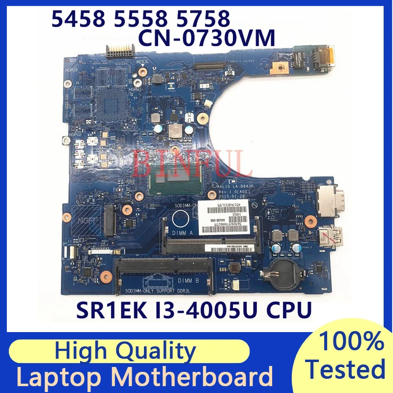 CN-0730VM 0730VM 730VM For Dell Inspiron 5458 5558 3458 Laptop Motherboard With SR1EK I3-4005U CPU AAL10 LA-B843P 100% Tested OK