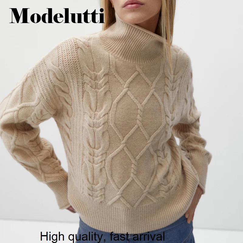 

New Spring 2023 Autumn Fashion Loose Cable Turtleneck Knitted Sweater Women Pullovers Solid Simple Casual Tops Female