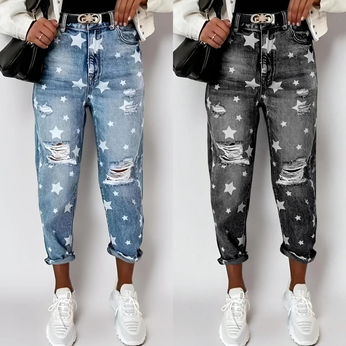 

2025 Ripped Pants New Printing Pattern Ripped Straight Casual Jeans Women European and American Women