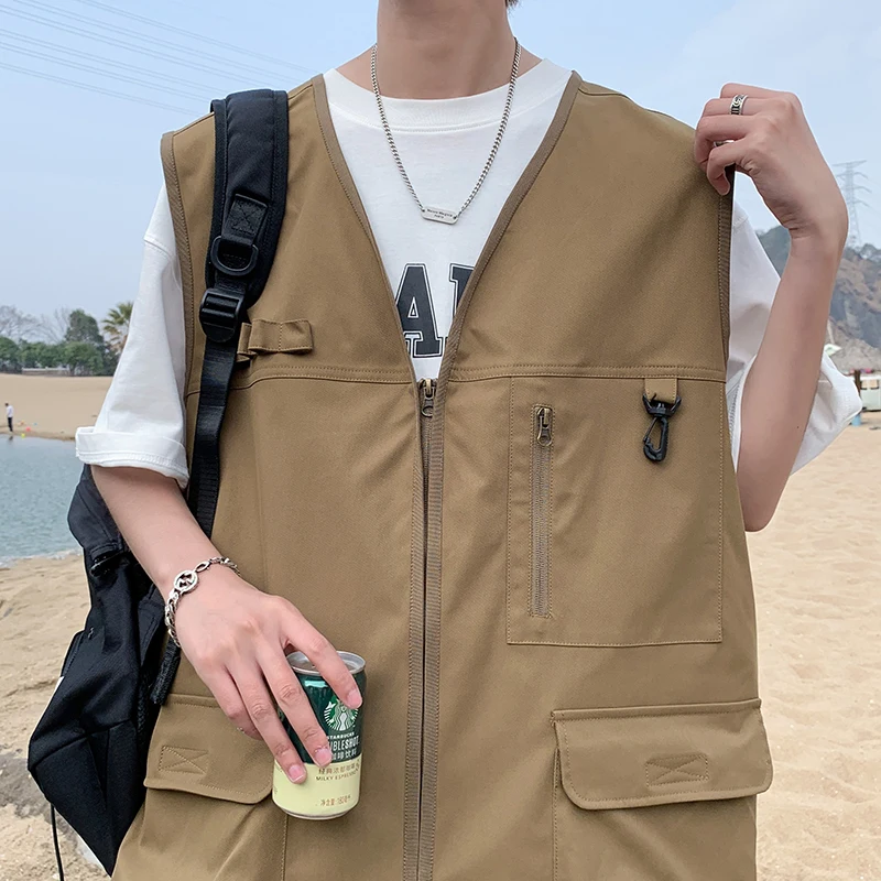 Harajuku Vest Mens Multi-Pocket 2025 Summer Work Hunting Fishing Travel Photos Waistcoat With Pocket Sleeveless Unloading Jacket