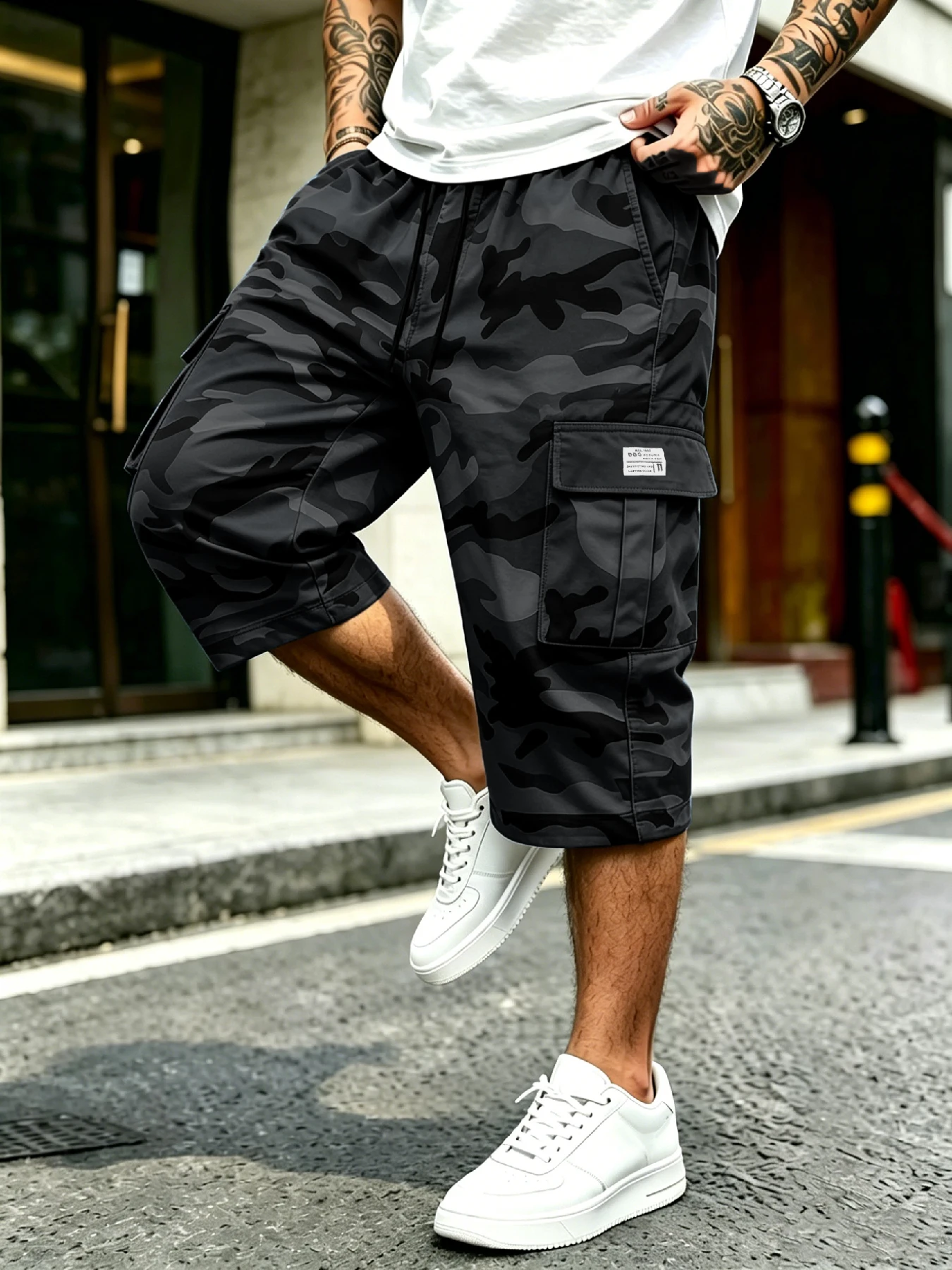Amerikanische Streetwear-Cargo-Capri-Shorts für Herren, elastischer Kordelzug in der Taille mit mehreren 3D-Cargotaschen, lockere, gerade Passform für Al – Detail 5