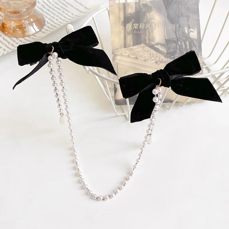 สาวหวานพู่ Vintage Bow Pearl Chain Hairpins ผมหรูหราตกแต่งแถบคาดศีรษะคลิปผมสําหรับผู้หญิงแฟชั่นอุปกรณ์เสริมผม