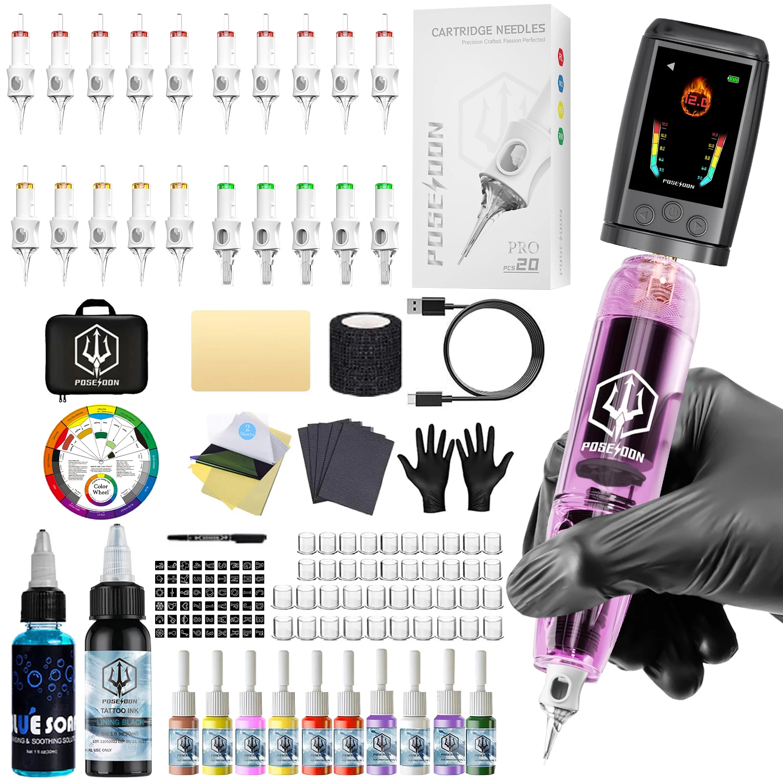 

Tattoo Kit POSEIDON Wireless Tattoo Pen Kit For Permanent Makeup Tattoo Machine Kit Color Screen Tattoo Power Supply Tattoo Kit