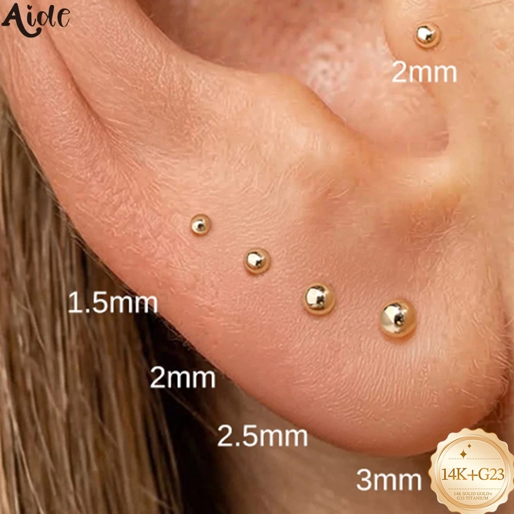 Aide 14K Solid Gold Smooth Ball Screw Back Cartilage Studs 1.5/2/2.5/3mm Tiny Piercing Earrings Hypoallergenic Jewelry for Women