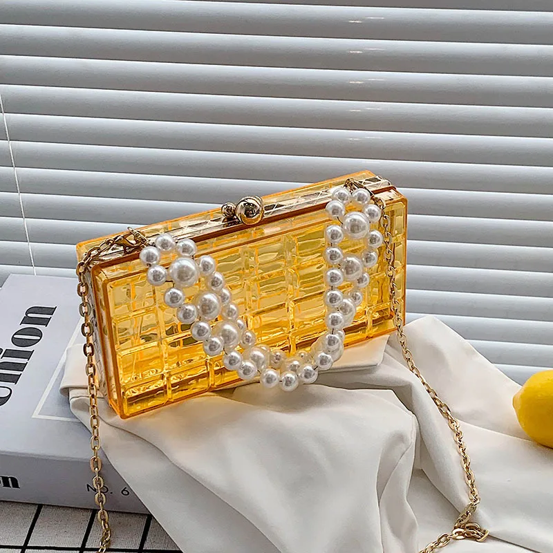 Acrylic Transparent Box Shape Crossbody Bag Elegant Pearl Bead Chain Design Shoulder Bag Pvc Women\'s Designer Small Square Bag