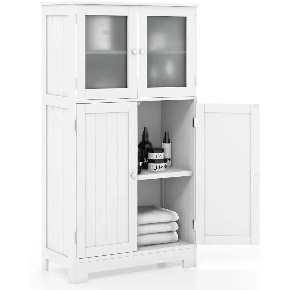 

Bathroom Storage Cabinet, Wooden Linen Storage Organizer Cupboard with Doors & Adjustable Shelf, Freestanding Floor