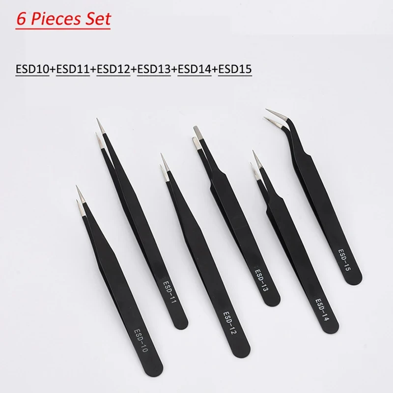 9pcs/Set Industry Tweezers With Bags Anti-static ESD Stainless Steel Tweezers Maintenance Industry Electronics Precision Tweezer