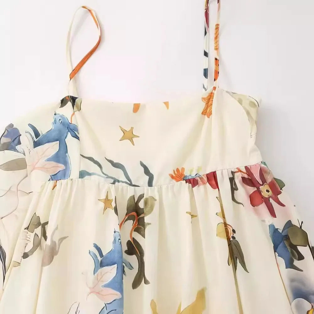 2024 Boheemse spaghettibandjes strand zomerjurken officiële winkel bloemenprint vakantie damesjurk