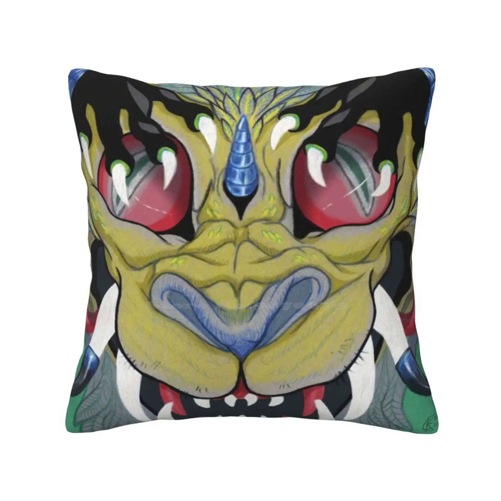 Growl Home Sofa Car Cushion Cover Pillowcase Creature Teeth Fangs Tusks Colors Green Yellow Blue Red Black White Claws Eyes