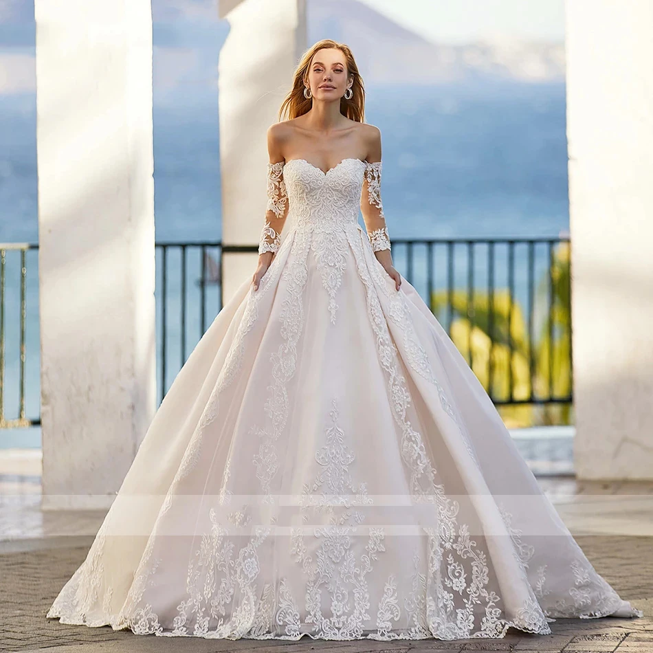 2022 palavra vestidos de casamento feminino elegante boêmio frisado querida princesa fora do ombro manga longa renda applique vestidos de noiva