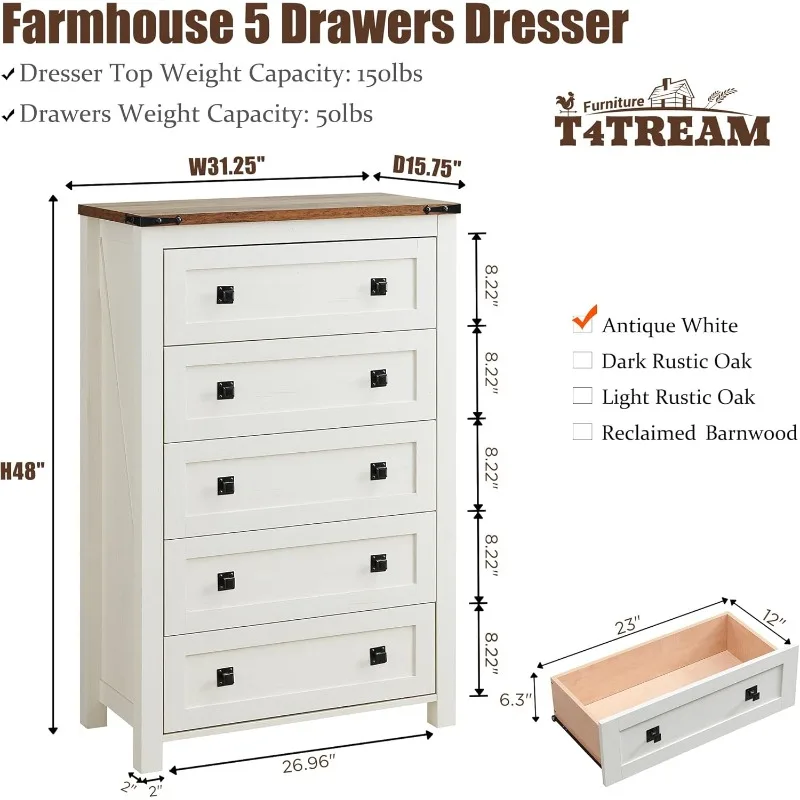 Farmhouse Style Bedroom 5 Drawer Dresser Chest, Wooden Rustic Tall Chest of Drawers, Bedroom, Living Room