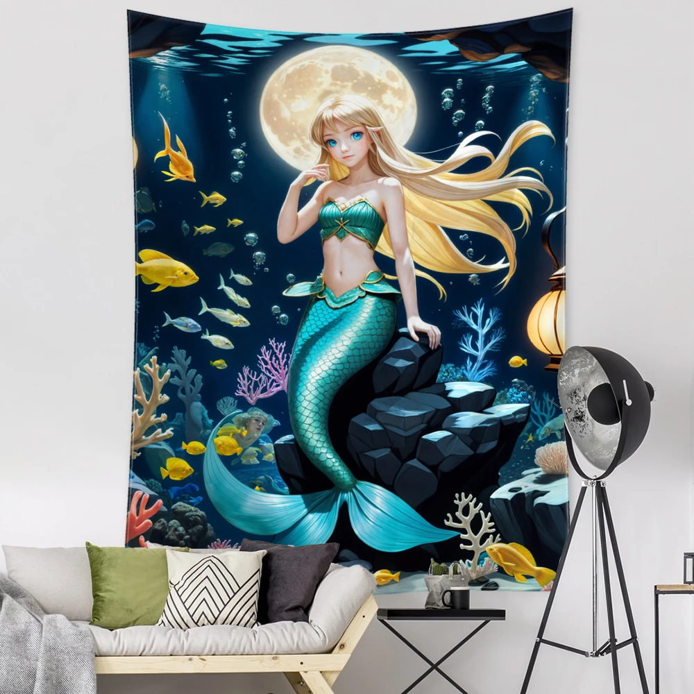 Seabed Moon Mermaid Tapestry Wall Hanging Bohemian Natural Landscape Art Style Bedroom Living Room Home Decor