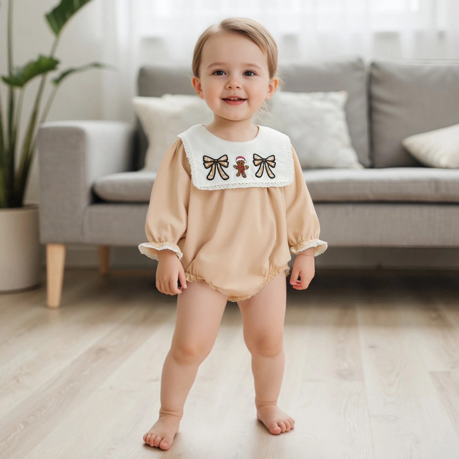 

Toddler Christmas Romper Cute Baby Girl Gingerbread Man Bow Embroidery Doll Collar Jumpsuit Newborn Clothes