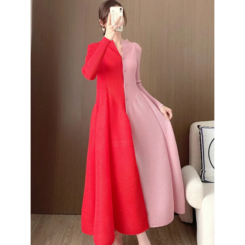 

DUOSHA Contrast Color Pleated Dress For Women Round Neck Single Breasted Long Sleeves Party Dresses Ladies Elegant New 63958