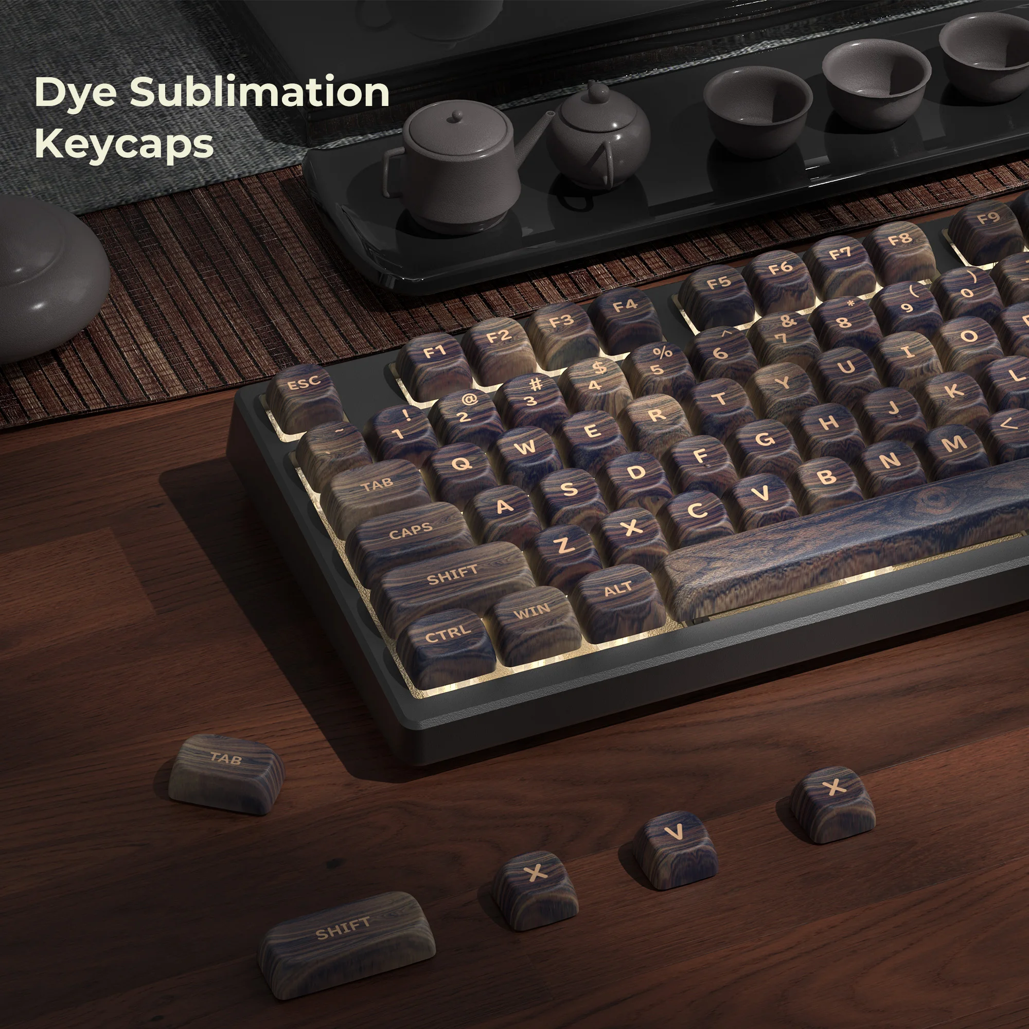 

XVX Dark Walnut Wood Theme MOA Profile PBT Customs Dye Sub Keycaps for 61/87/104 Cherry MX Keyboard aula f75 130 Keys