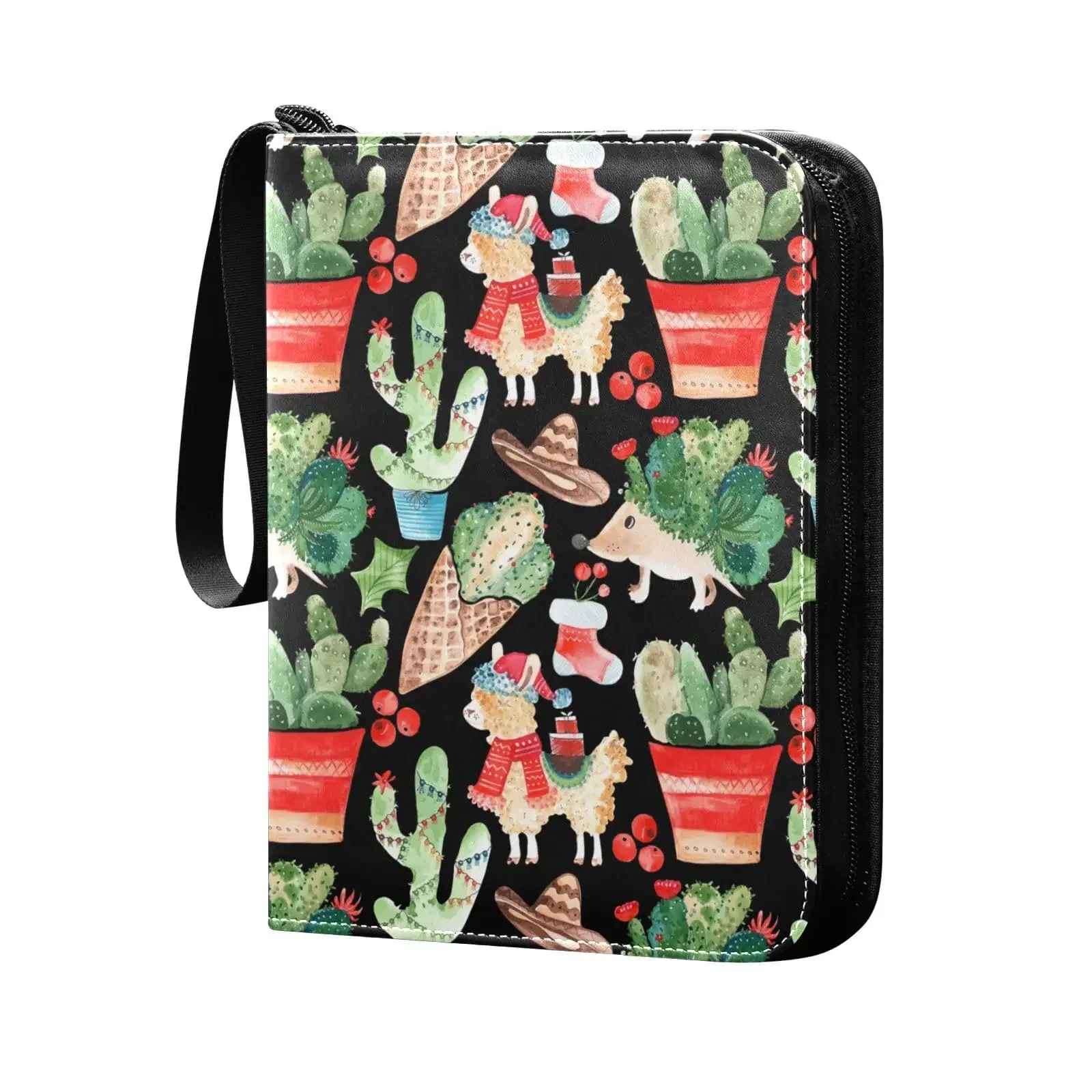 Llama Cactus Christmas 4 Pocket Card Binder, 400 Double Sided Pocket Album for Sport Game Cards, Unique Card Collection Storage