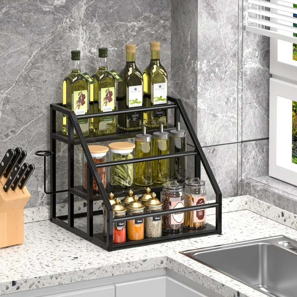 3-Tier Kitchen Organizer Rack for Syrup, Wine & Condiments, Black - Holds 12 Bottles