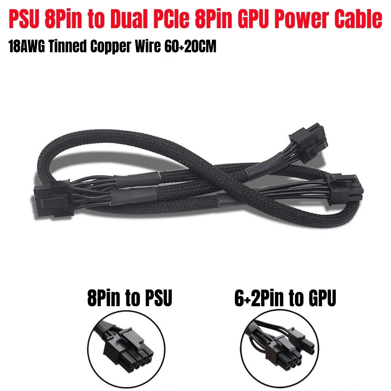 

Кабель питания графического процессора Dual PCIe 8Pin 6+2Pin для Corsair RM1000x, RM850x, RM750x, RM650x, RM550x RMx Модульное питание, сетка с оболочкой 60+20 см