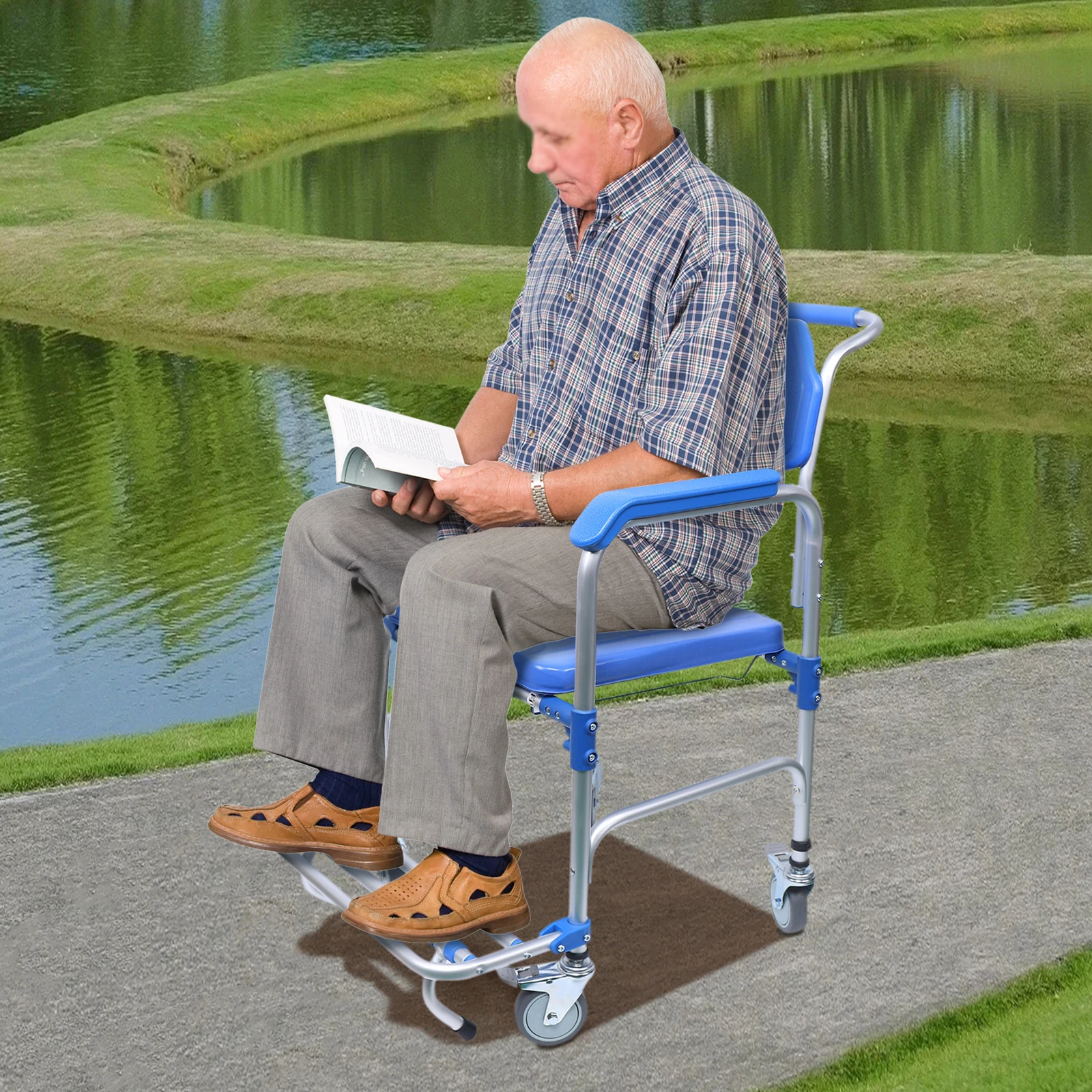 Portable Elderly Shower Chair Stable Anti-Slip Seat Four-Wheel Brakes Waterproof Rustproof Chair Secure Bathing Solution