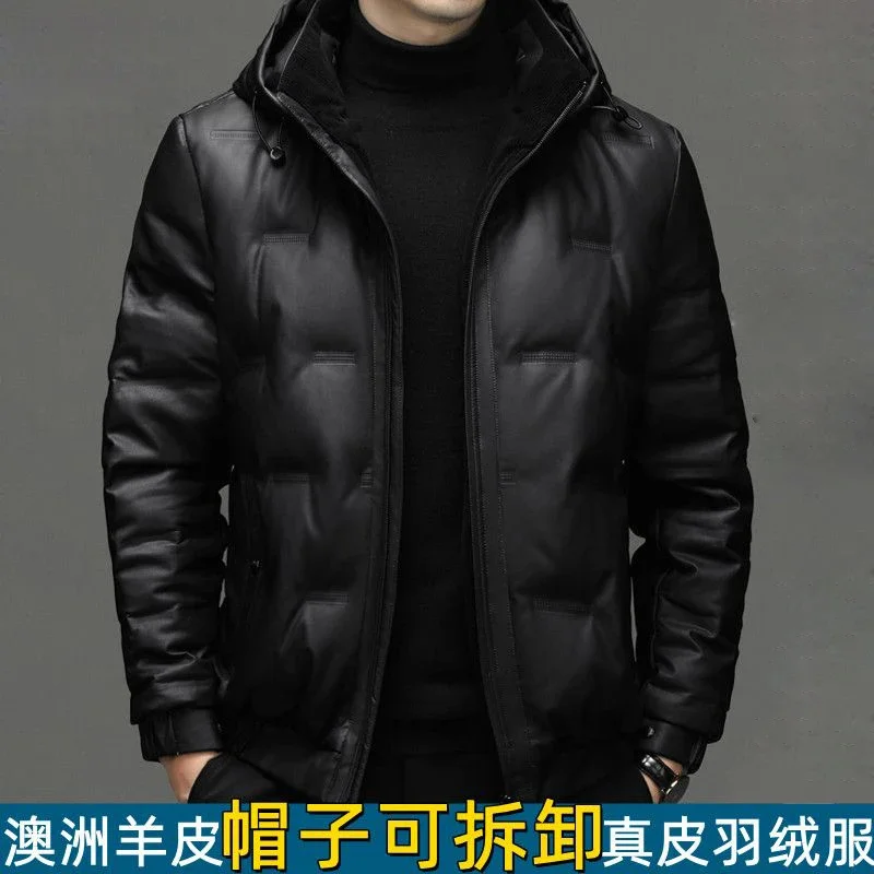 Men's Genuine Leather Luxury Down Jacket Man Winter Hooded Short Thicken Large Size Sheepskin Coat Male Oversized Puffer