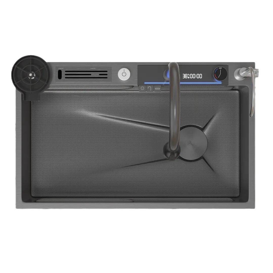 Fregadero de cocina grande de acero inoxidable 304 con ranura única, pantalla Digital Nano de panal, cascada con soporte para cuchillos, 75cm x 46cm