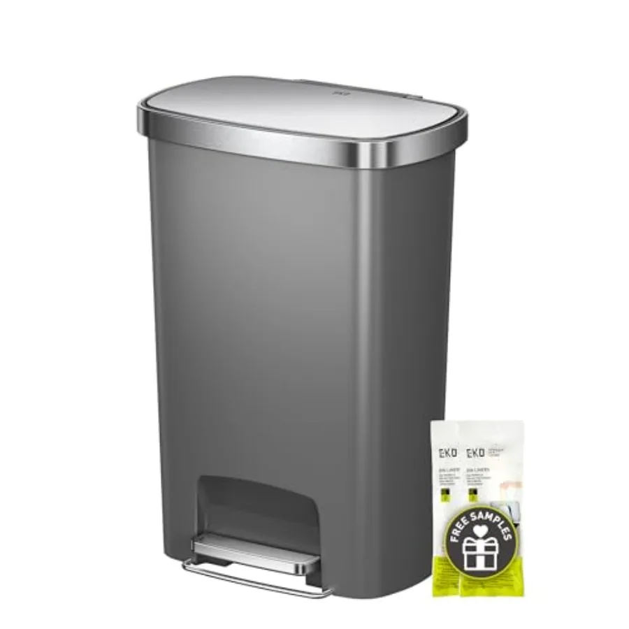 Hana Select 13.2 Gallon/ 50L Step Trash Can, Large Plastic Kitchen Trash Can with Stainless Steel Lid, Soft-Close and Stay-Open