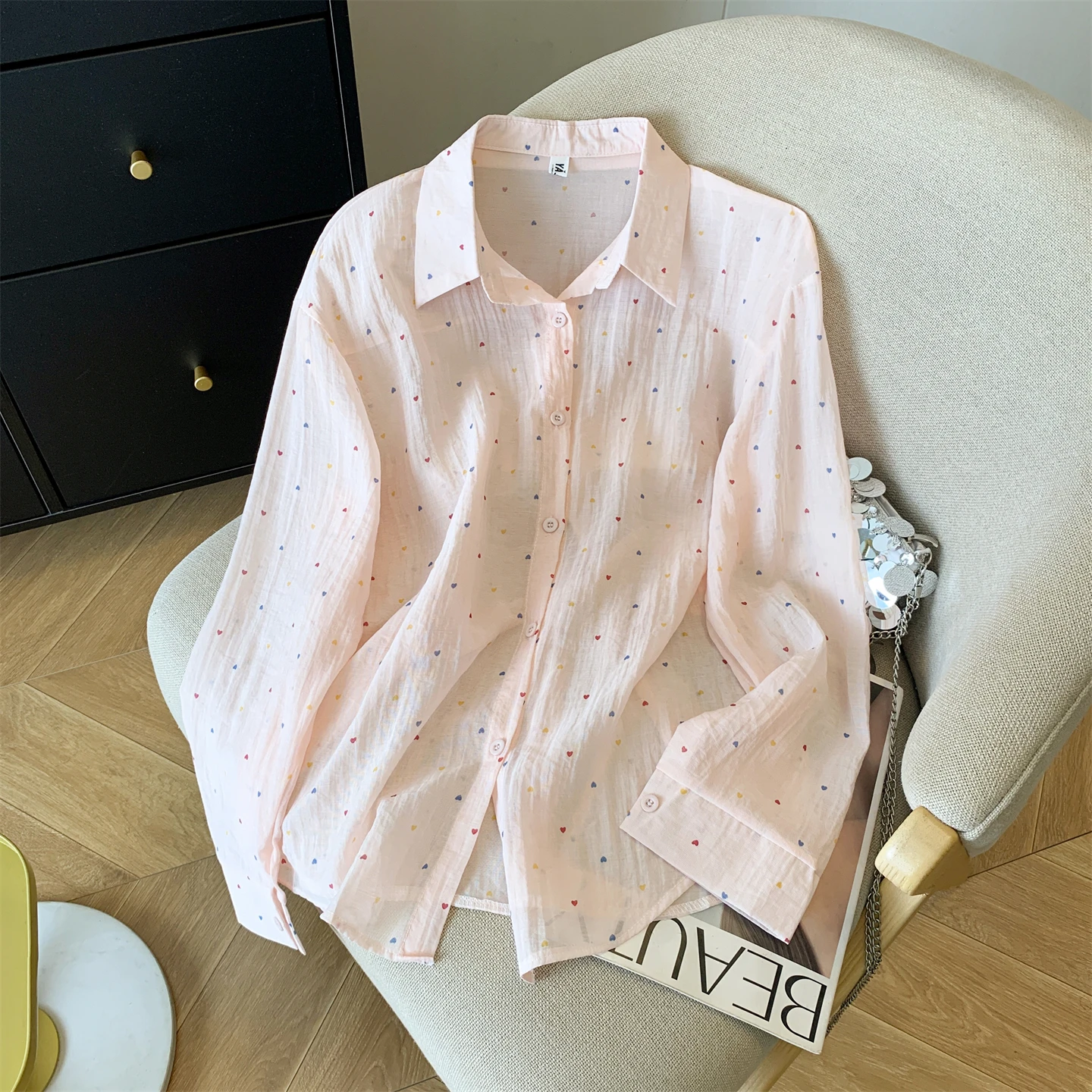 

Casual Sweet Heart Print Blouse for Women Korean Fashion Turn Down Collar Long Sleeve Tops Loose Thin Single Breasted Shirt Coat