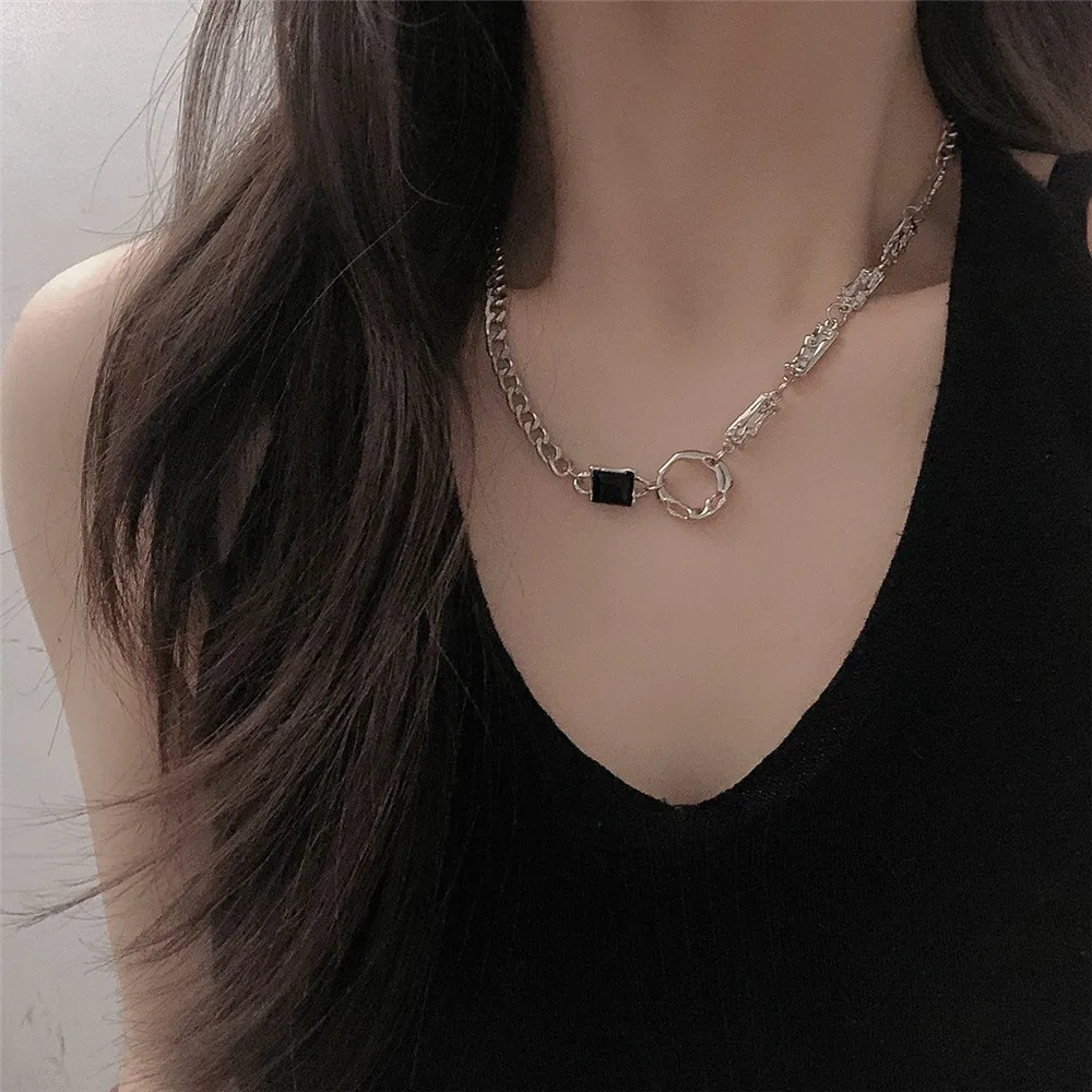 Punk Black Crystal Pendant Necklace for Women Men 2023 Trendy Personality Stainless steel Chain Necklace Goth Emo Grunge Jewelry