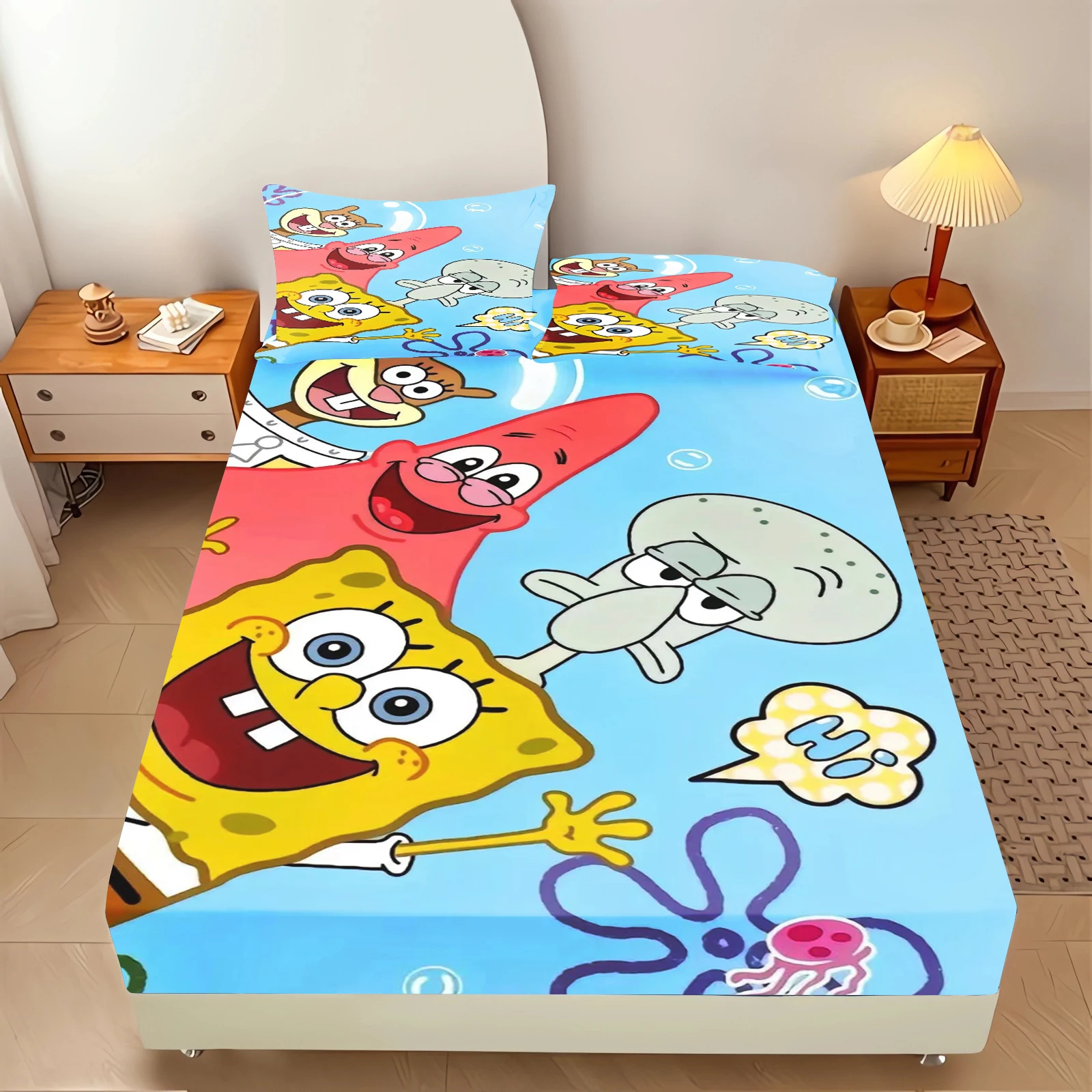 SpongeBob SquarePants Fitted Sheet Set Cartoon Patrick Print Bed Sheet Pillowcase Soft Microfiber Kids Bedroom Bedding view 3