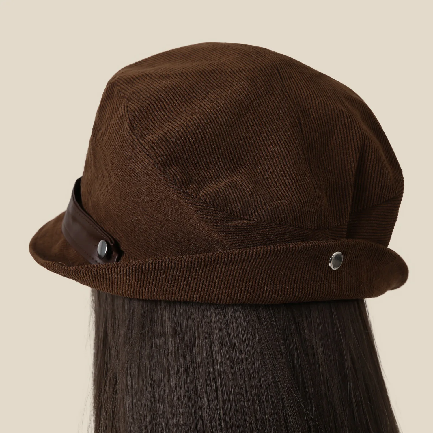 Women's Autumn and Winter Corduroy Beret-Style Bucket Hat, Vertical Striped Corduroy Fabric, Leather Strap with Round Metal Snap, Vintage Bucket Hat, Warm and Versatile, Suitable for Pairing with Sweaters and Coats, for Commuting, Walking, and Street Photography