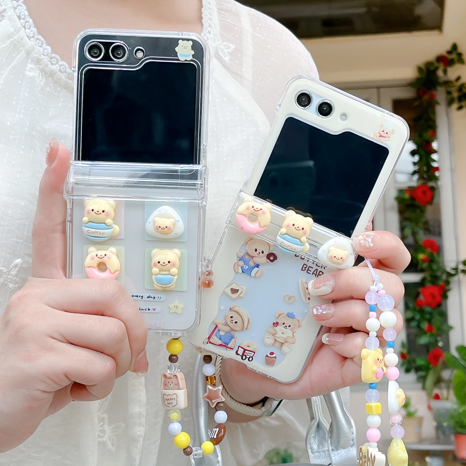 

Luxury Transparent Cute 3D Yellow Bear Stand Holder With Lanyard Phone Case For Samsung Z Flip 5 4 3 6 7 Protective Back Cover