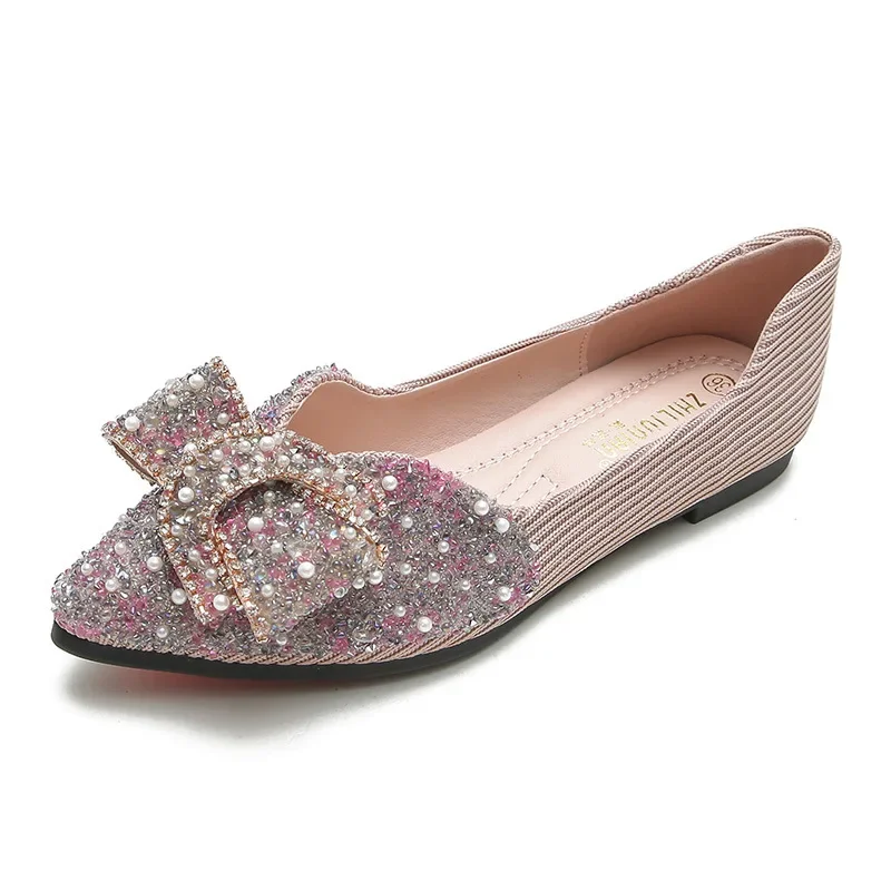 Sapatos casuais femininos strass borboleta-nó decoração de metal dedo do pé apontado plano com primavera boca rasa strass sapatos femininos