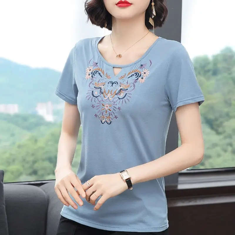 Trendy Women\'s Clothing Summer Pullover Short Sleeve Round Neck Hollow Out Plant&Flowers Embroidered T-shirt Casual Elegant Tops