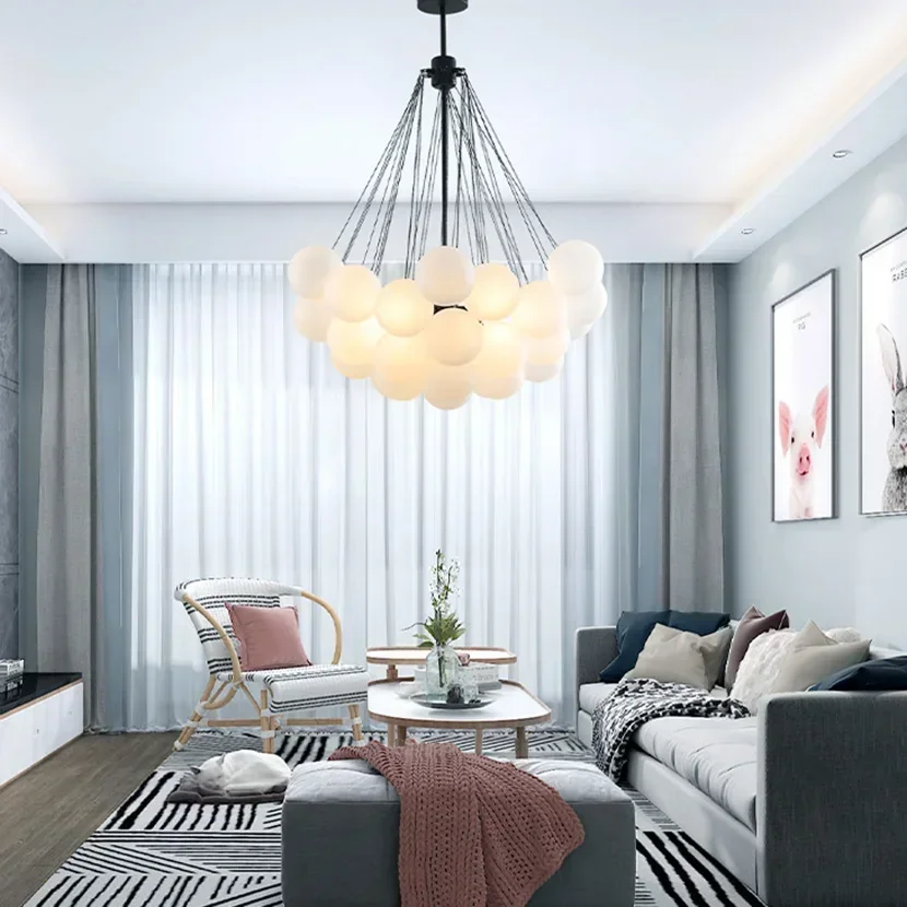 

Luxury Frosted Glass LED Bubble Ball Pendant Light White Balloon Shape Chandelier for Classic Living Room Parlor Hanging Lamp
