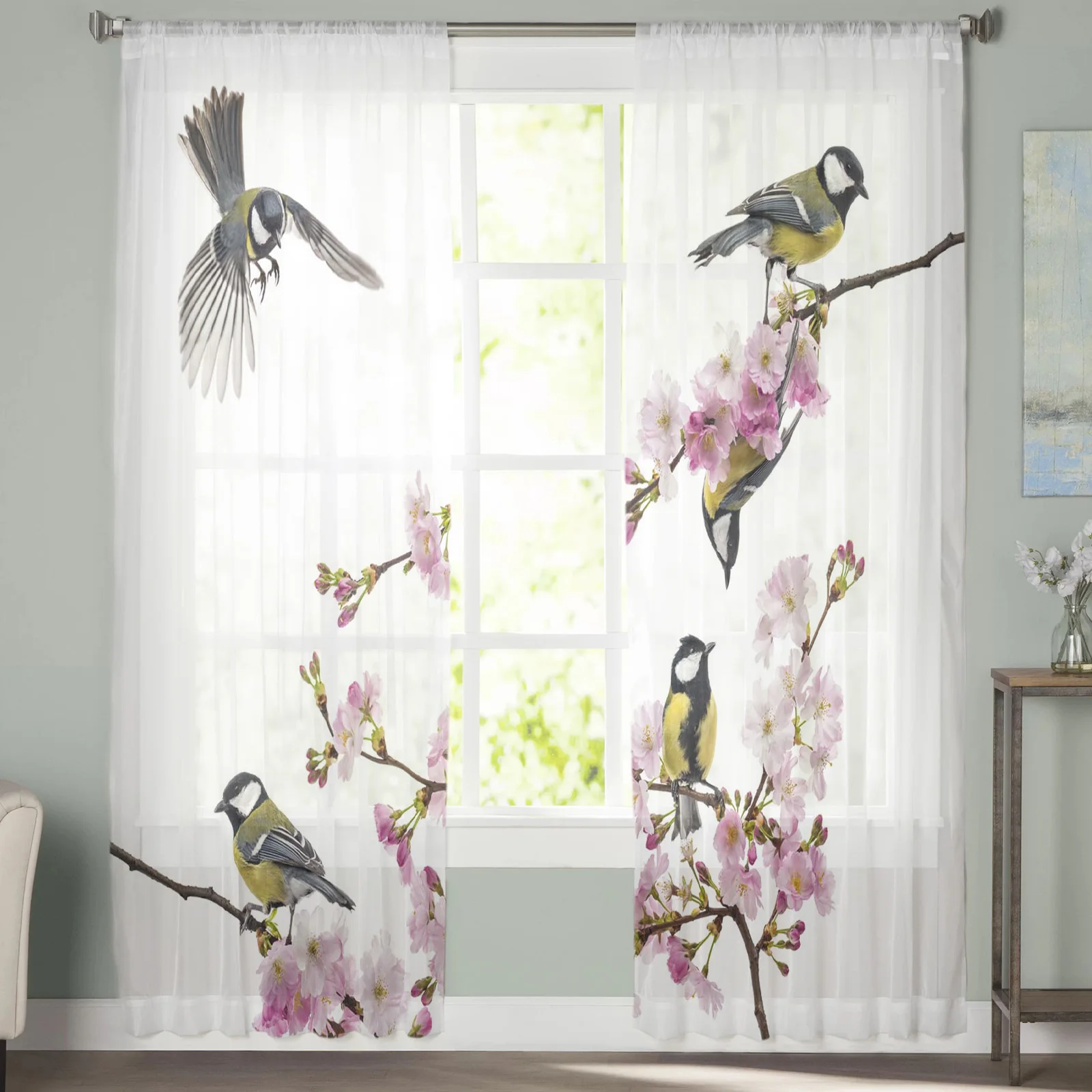 Outdoor Animals Birds Orioles Peach Blossoms Sheer Window Curtains for Living Room Bedroom Girls Room Decoration Tulle Curtains