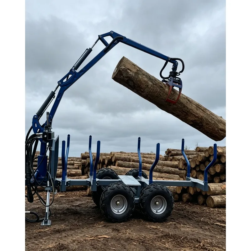 CE Certified Hydraulic Log Trailer Crane Grapple 10Ton Forestry Timber Trailer Heavy Duty Wood Loading Trailer for Tractor ATV