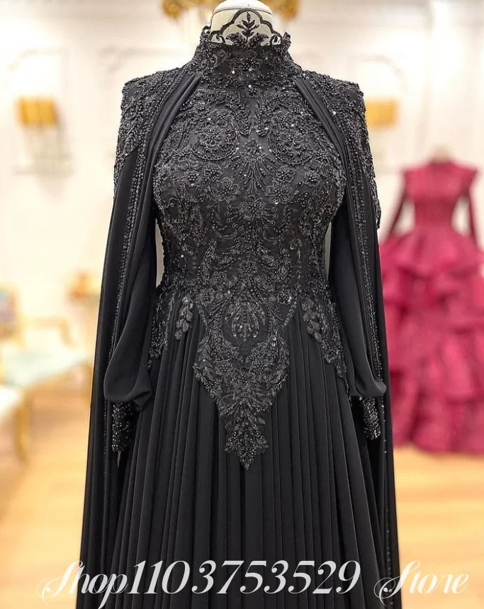 Personalizado de luxo frisado bordado vestido de noite alta pescoço manga longa muçulmano vestido de baile formal ocasião vestido de noite glamouroso