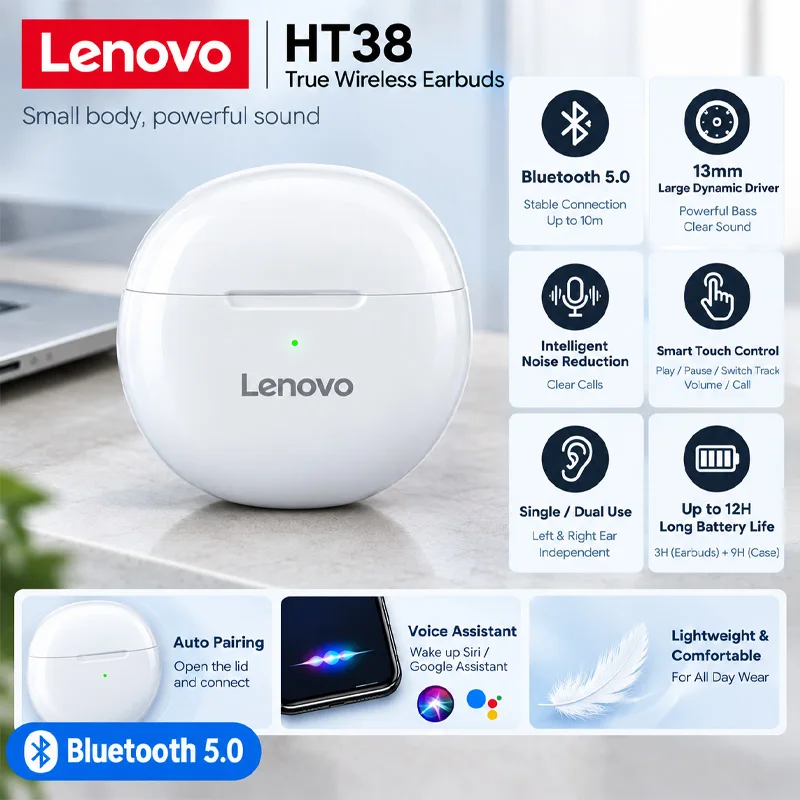Lenovo HT38 TWS Sport Earphones Mini Wireless Bluetooth Headset, HiFi Stereo Bass Fast Charging Case Sweatproof Running Earbuds