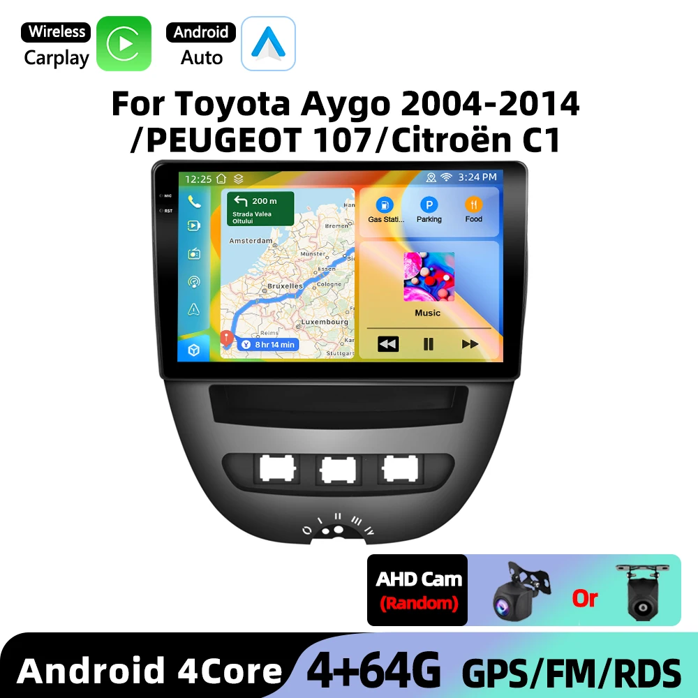 Podofo Draadloze CarPlay Auto AI Radio voor Toyota Aygo 2004-2014/PEUGEOT 107/Citroën C1 Android GPS WIFI Auto Multimedia Speler