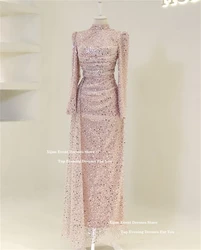 Xijun Modest Glitter Long Evening Dresses High Collar Muslim Prom Gowns Sequined Saudi Arabric Full Sleeves Prom Dress Customize