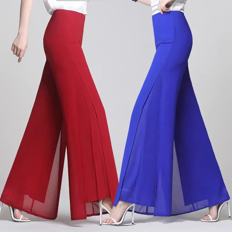 Pantalones de pierna ancha de gasa de doble capa, pantalones finos con abertura lateral para mujer, pantalones informales de cintura alta para primavera y verano 2024