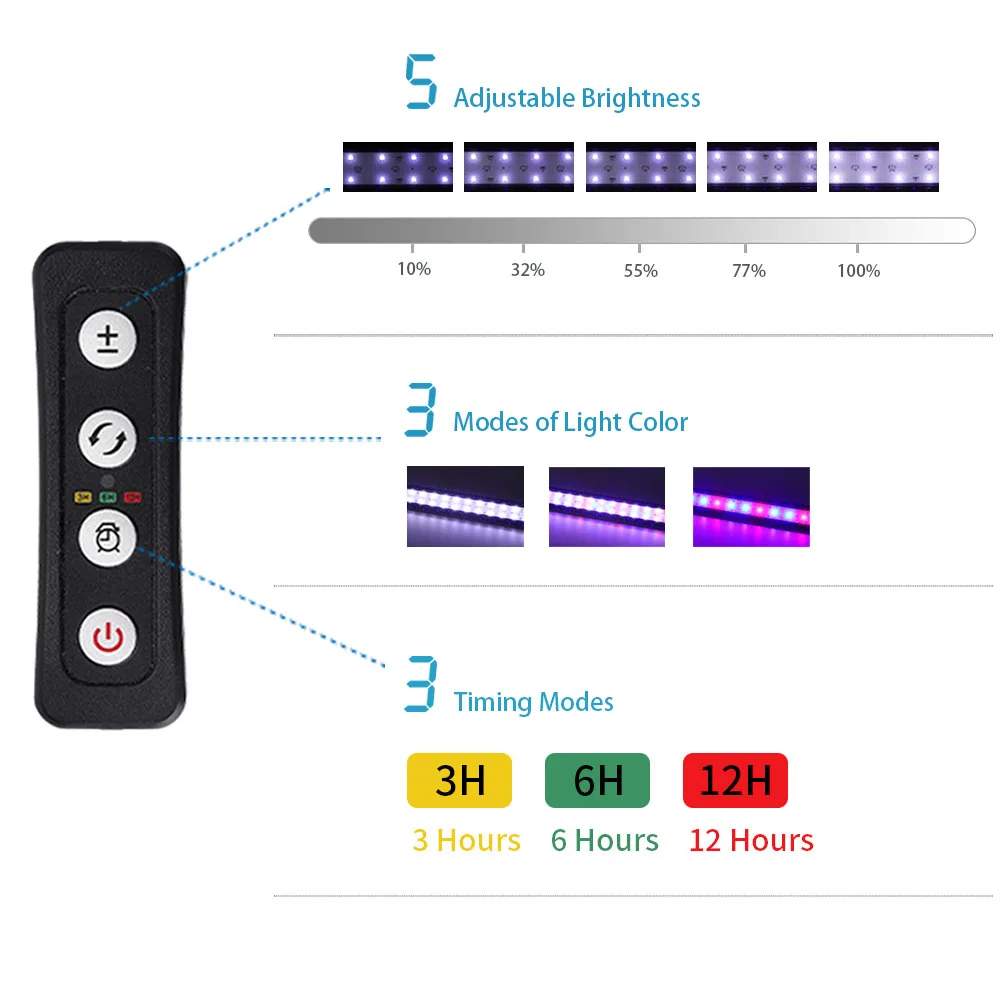 20-56CM Aquarium Light fish tanks Timing Clip Lamp 3 color brightness adjust Aquatic plants Lighting Waterproof 100~240V