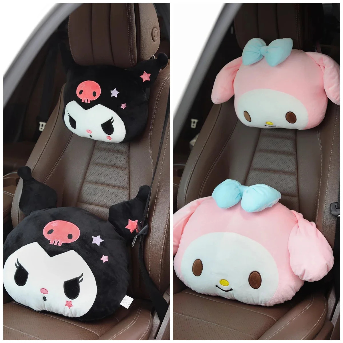 Sanrio Cartoon My Melody Car Headrest Safety Seat Belt Cover Stuffed Anime Kuromi Back Cushion Car Decor Throw Pillow Gifts
