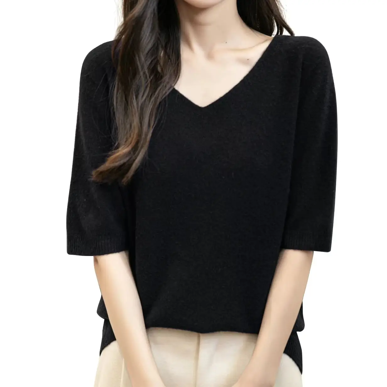 Top con scollo a V da donna 100% lana merino Primavera Autunno Inverno Prima linea pronta da indossare T-shirt a maniche corte in maglia nuova senza cuciture