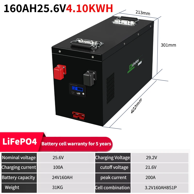 160Ah 25.6V 4.10KWH LiFePO4 Lithium Iron Phosphate Battery Deep Cycle Battery for RV Solar Panel