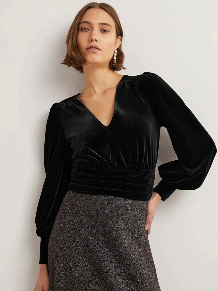 

Женская облегающая бархатная блузка с V-образным вырезом и длинным рукавом, топ из золотистого бархата, весенняя модная модель во французском стиле, стандартная длина