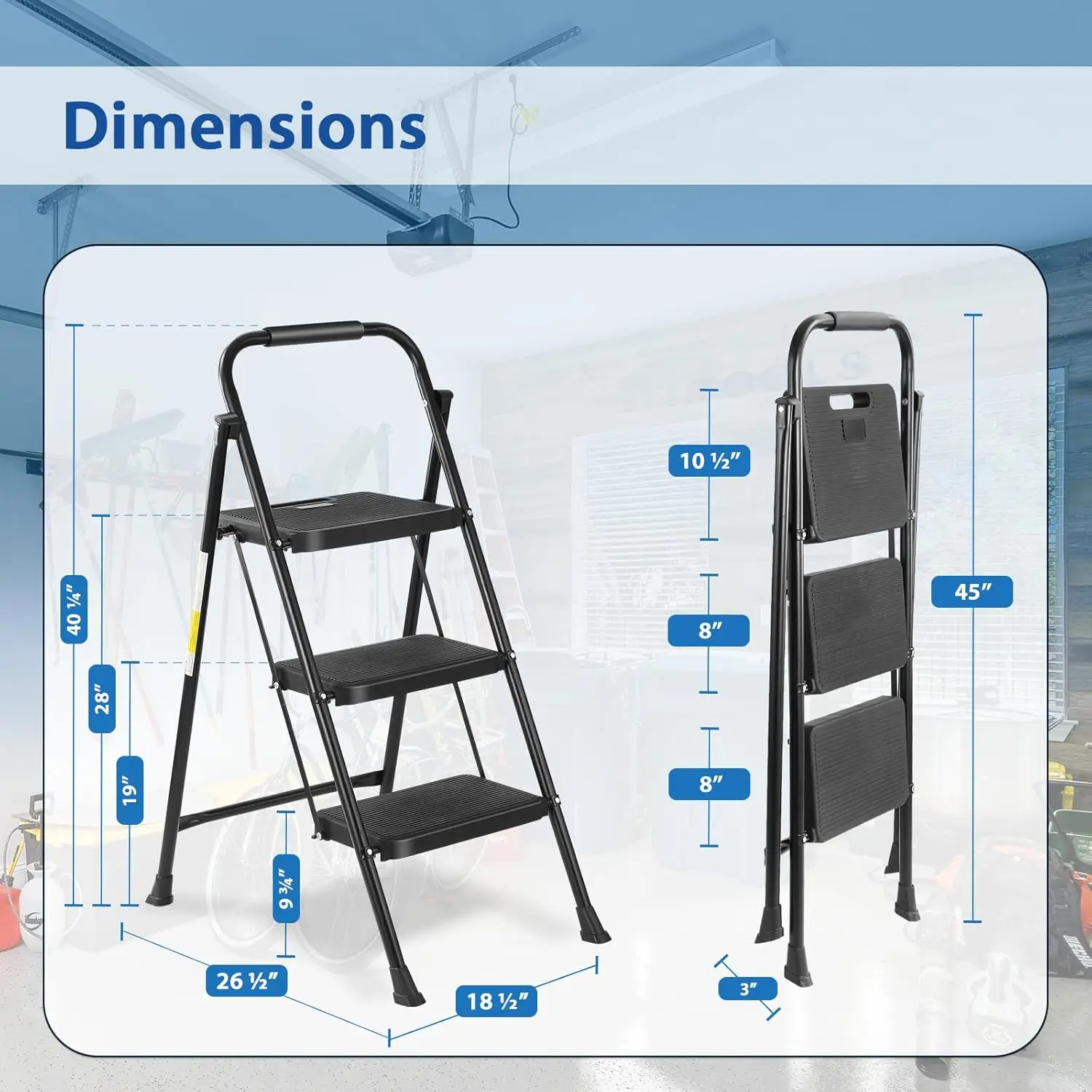 3-step ladder, wide anti slip platform and thick rubber feet - lightweight, heavy-duty, foldable and portable - capacity 330 pou