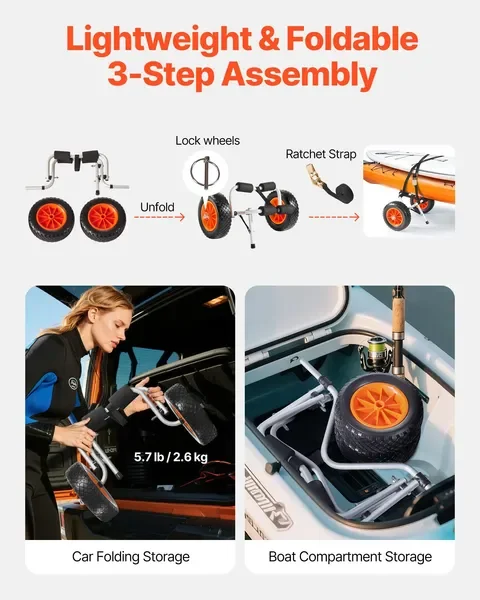 Carrello per kayak, 200 libbre, carrello pieghevole con pneumatici da 10' e cinghia a cricchetto
