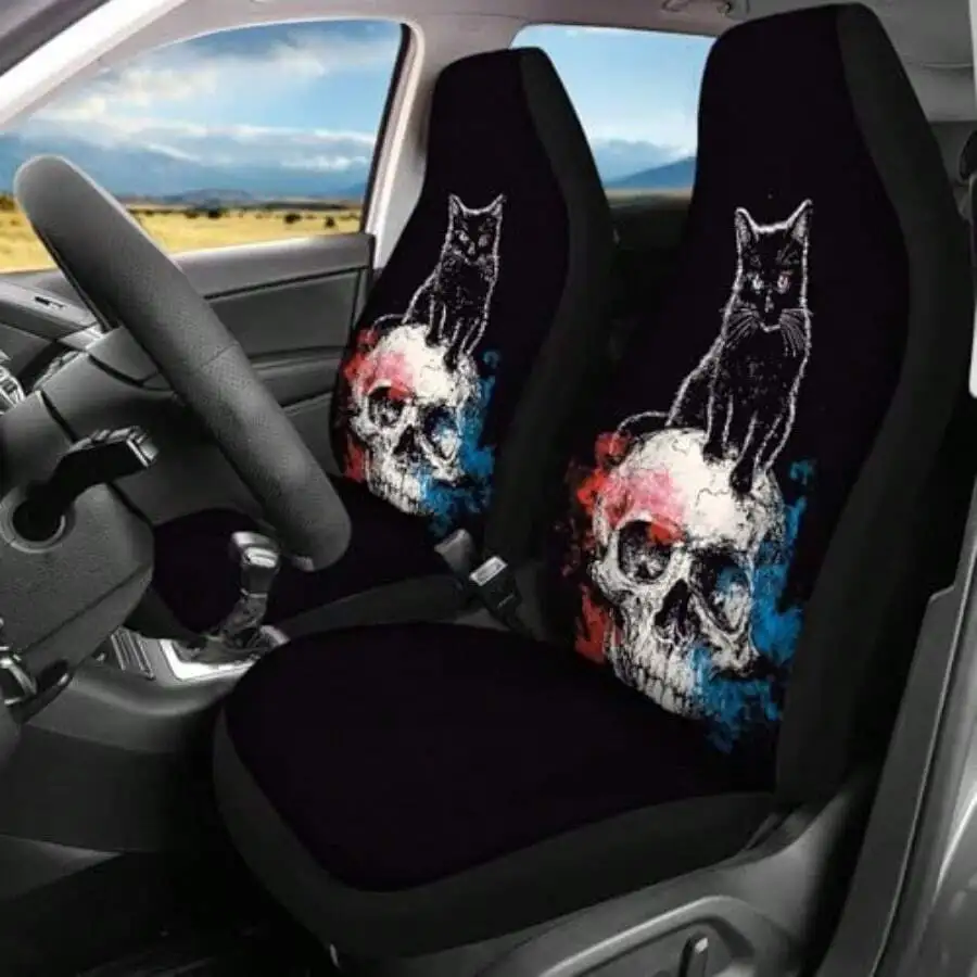 

Black Cat Skull Graffiti Car Seat Covers Front And Rear Bench Protector